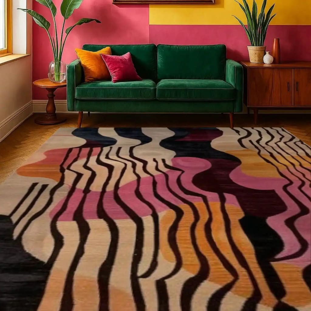 A vibrant, layered abstract hand-tufted area rug featuring bold, wavy patterns in shades of pink, orange, and black. The contemporary wool rug is placed in a stylish living room with a green velvet sofa, colorful cushions, and mid-century modern decor, perfect for adding a touch of elegance to any living room space.