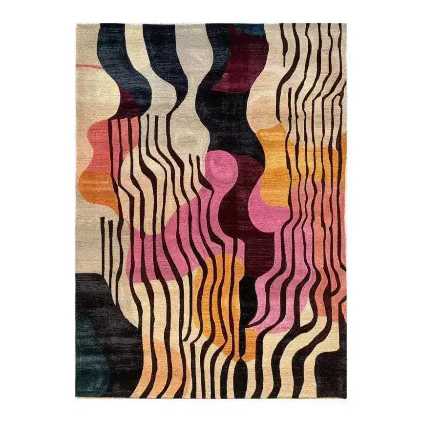 This vibrant Area Rug features an abstract design with flowing lines and rich colors, perfect for adding a contemporary touch to any living room. Made from high-quality wool, this hand-tufted rug is ideal for those seeking stylish and durable living room area rugs.