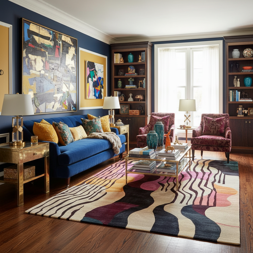 Living room with blue sofa, colorful rug, and abstract art on a navy wall.