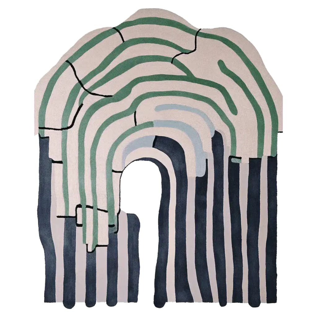 Top view of the Layered Earth Flow Hand Tufted Rug, an area rug featuring a unique abstract design with green and black stripes on a neutral background. This contemporary wool rug is ideal for large living rooms, available in an 8x10 size.