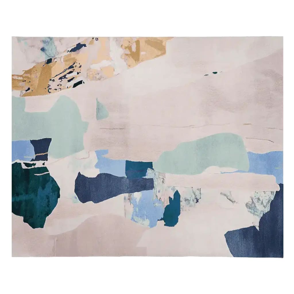 This area rug features a contemporary abstract design with a palette of soft blues, greens, and earthy tones, making it an ideal wool rug for modern interiors. Perfect for adding a touch of elegance to living rooms, this 8x10 rug showcases artistic patterns that blend seamlessly into any decor, emphasizing its role as a standout piece among rugs for living room spaces.