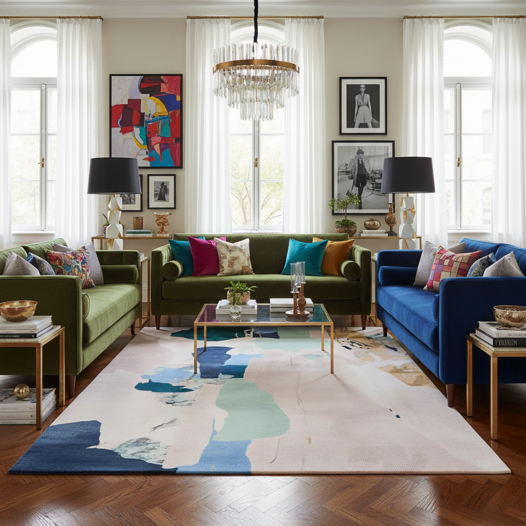 Living room with green and blue sofas, colorful rug, and decorative items.