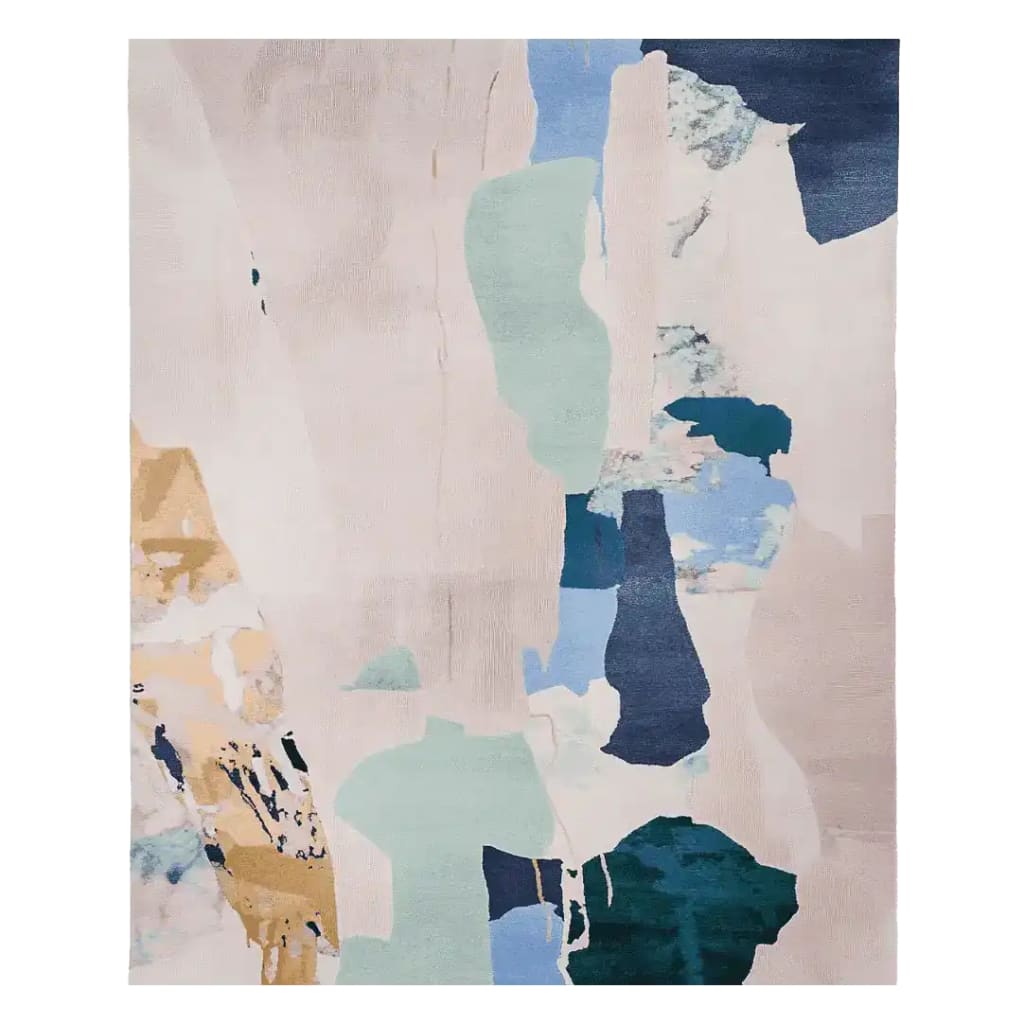 Top view of a contemporary area rug, the Layered Silence Form Hand Tufted Rug, showcasing an abstract design in muted tones of beige, blue, and green. This wool rug is perfect for adding a modern touch to your living room. Ideal for spaces needing an 8x10 size rug.