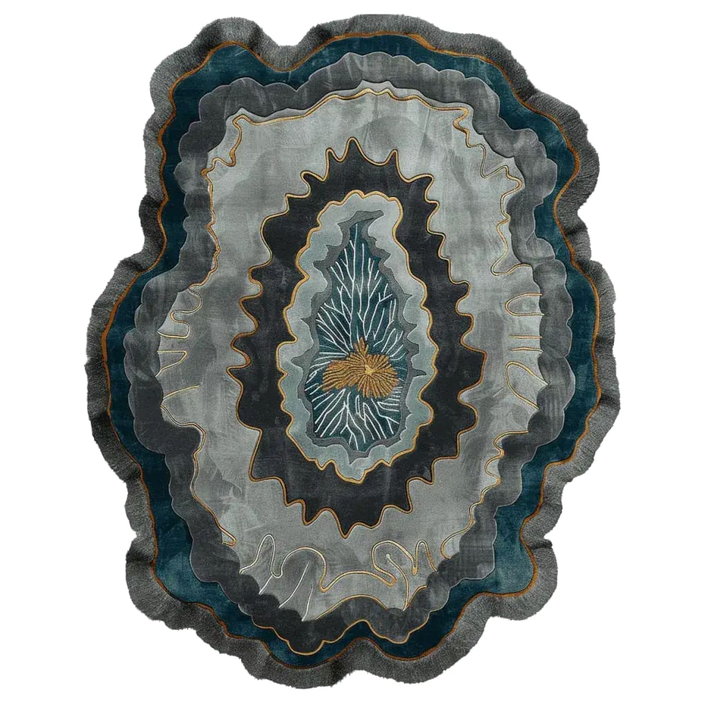 This image showcases a stunning hand-tufted area rug with a layered vein rhythm design, perfect for adding a contemporary touch to any living room. This wool rug features intricate patterns and a rich color palette, making it a standout piece among area rugs for living room spaces.