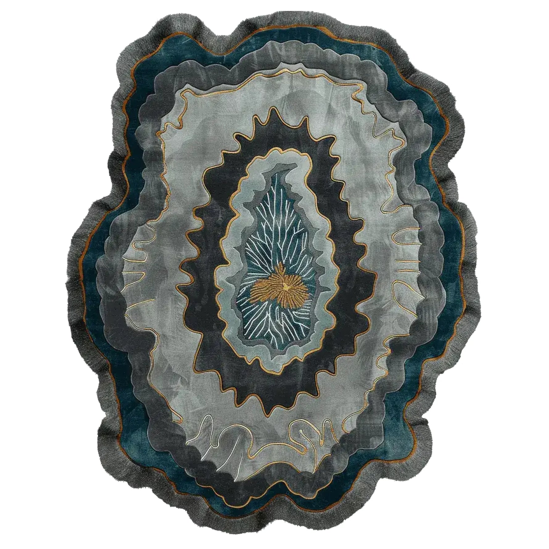 Modern living room with a blue sofa, an abstract wool rug, abstract art, and decorative items.