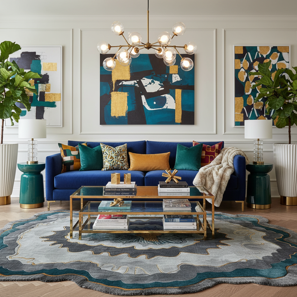 Modern living room with a blue sofa, an abstract wool rug, abstract art, and decorative items.