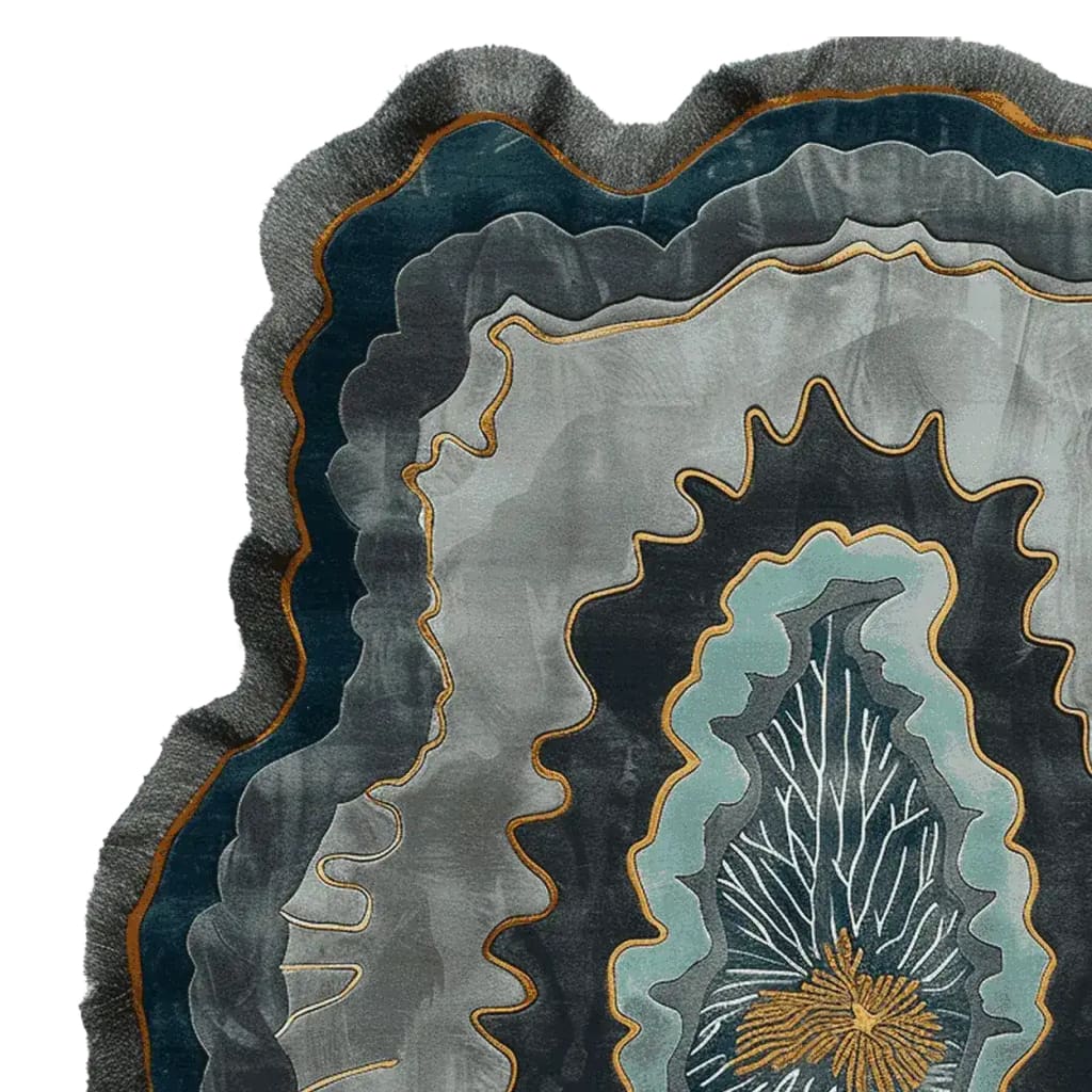 A stunning Area Rug showcasing a contemporary design with layered vein patterns in shades of blue, gray, and gold. This wool rug adds a modern touch to any living room, highlighting its abstract and artistic appeal.