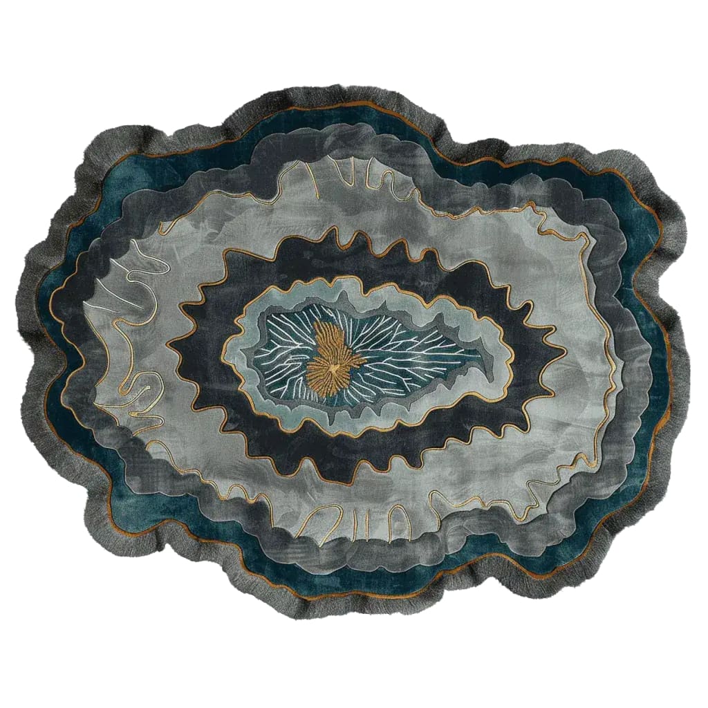 Top view of a uniquely designed Layered Vein Rhythm Hand Tufted Rug, showcasing an abstract pattern with multiple layers in shades of blue, grey, and gold. This contemporary wool area rug is perfect for adding a modern touch to living room spaces.