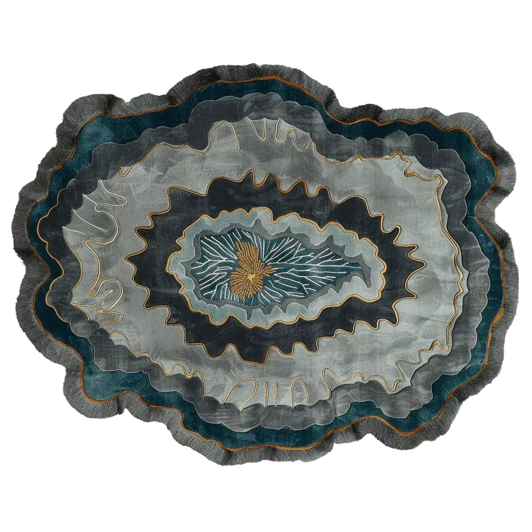 Top view of a uniquely designed Layered Vein Rhythm Hand Tufted Rug, showcasing an abstract pattern with multiple layers in shades of blue, grey, and gold. This contemporary wool area rug is perfect for adding a modern touch to living room spaces.