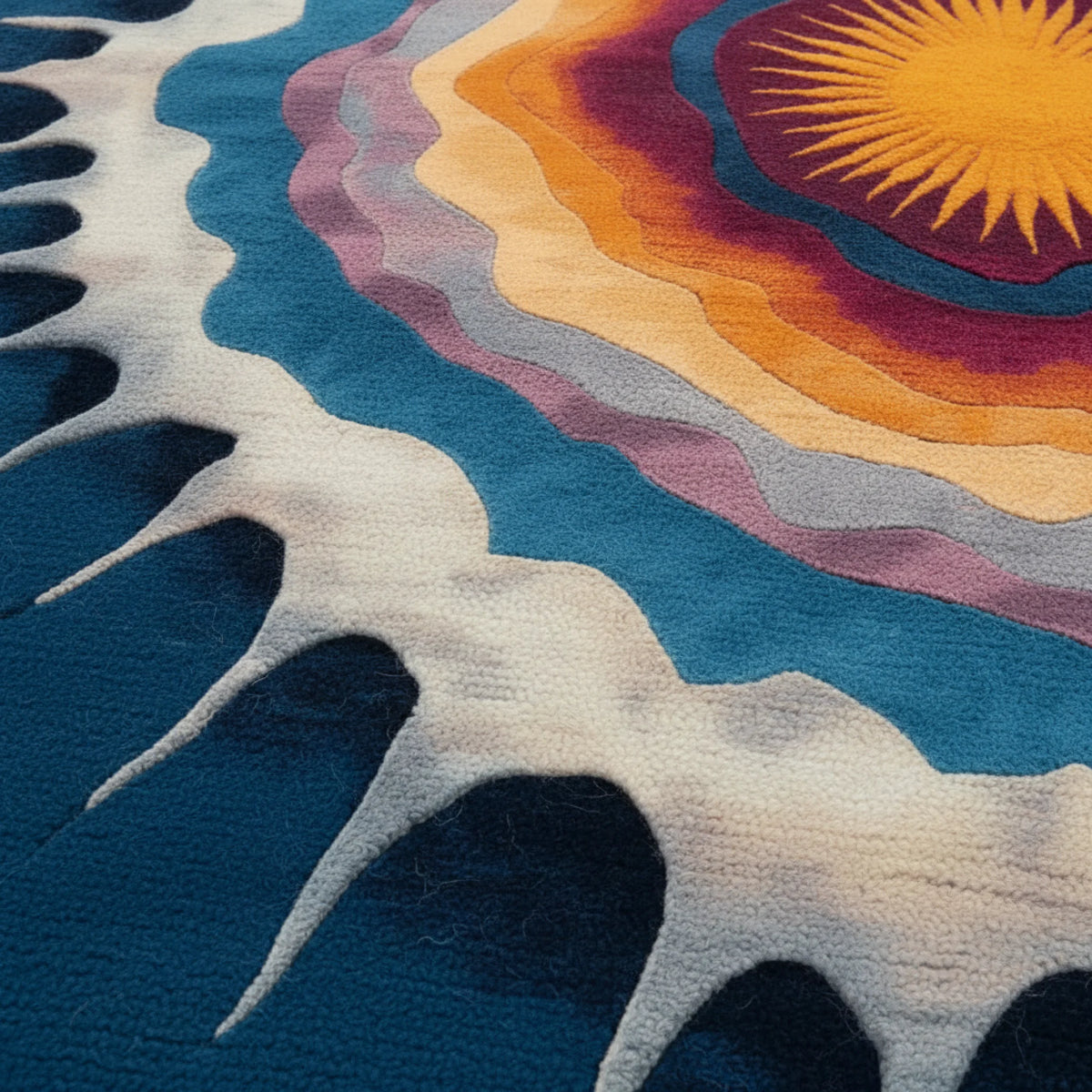 Close-up of a colorful rug with abstract patterns