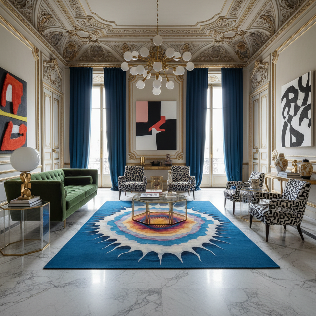 Luxurious living room with a blue rug, green sofa, and decorative chairs.