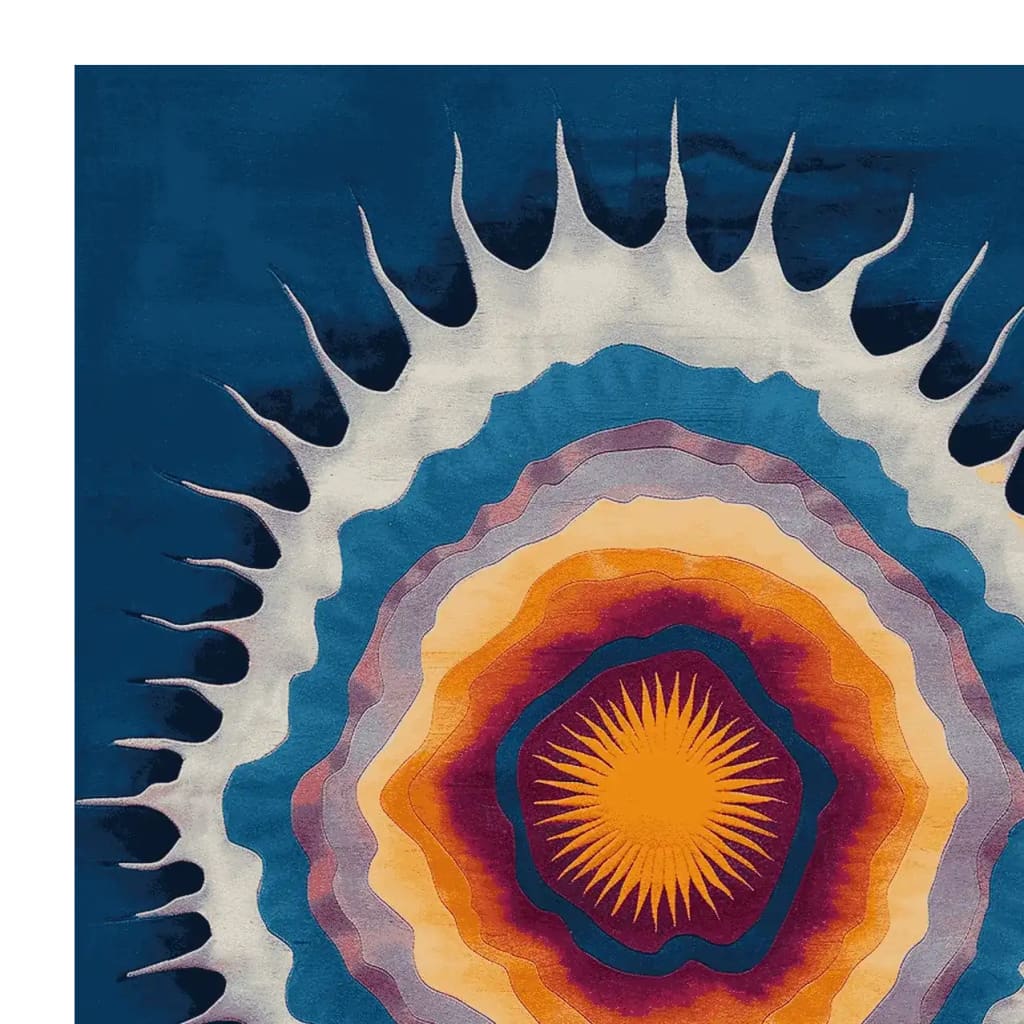 Vibrant and colorful Layers of Light hand-tufted area rug showcasing an abstract design with concentric patterns in shades of blue, orange, and purple. This contemporary wool rug is perfect for adding a bold statement to any living room, especially as an 8x10 area rug.