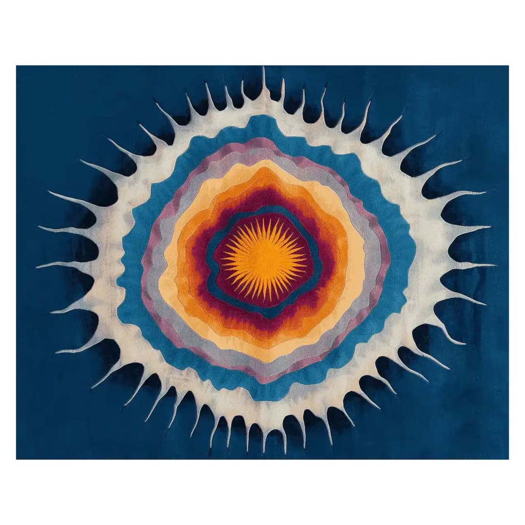 A stunning area rug featuring a vibrant, abstract design with a burst of colors radiating from the center, perfect for a contemporary living room. This hand tufted wool rug measures 8x10, ideal for adding a touch of modern elegance to your space.