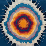 Vibrant hand tufted area rug showcasing an abstract design with concentric layers of blue, orange, and purple tones, perfect for contemporary living rooms. This wool rug, sized 8x10, adds a burst of color and style to any space, making it an ideal choice for living room area rugs.