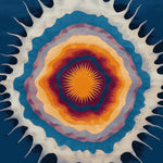 Vibrant hand tufted area rug showcasing an abstract design with concentric layers of blue, orange, and purple tones, perfect for contemporary living rooms. This wool rug, sized 8x10, adds a burst of color and style to any space, making it an ideal choice for living room area rugs.