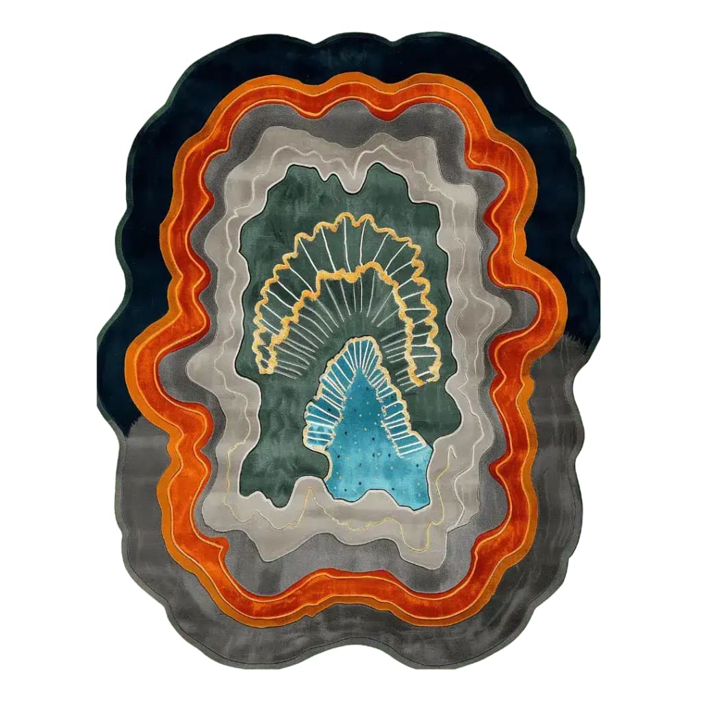 Top view of the Layers of Time Hand Tufted Viscose Rug, a contemporary area rug. Its vibrant colors and abstract design make it a perfect wool rug for an 8x10 living room, adding an artistic touch to any space.