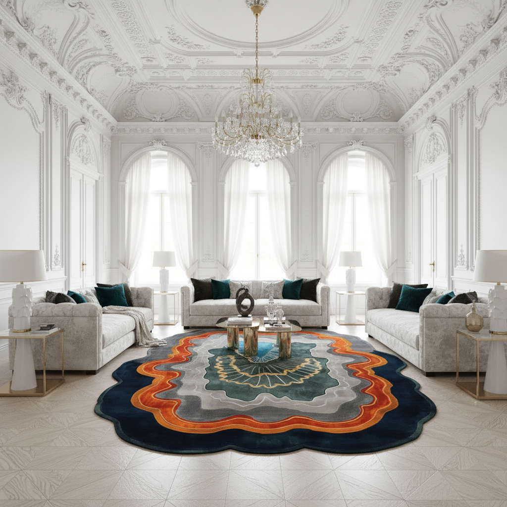 Luxurious living room with ornate ceiling, large windows, and a colorful area rug.