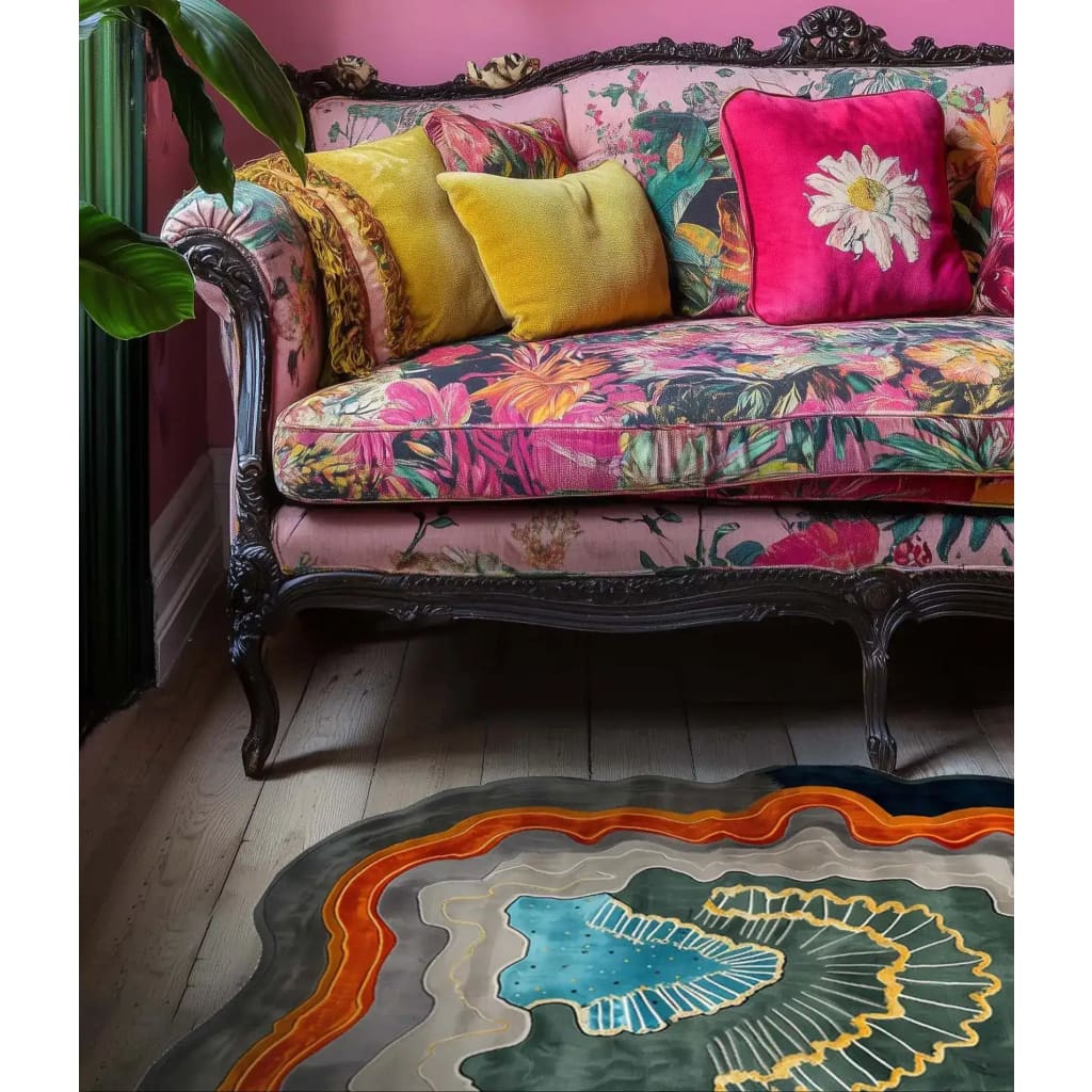 A stylish area rug with an abstract design, featuring vibrant layers of color, complements a richly upholstered floral sofa. The contemporary wool rug adds a touch of elegance to the living room setting, perfect for those seeking an 8x10 area rug to enhance their space.