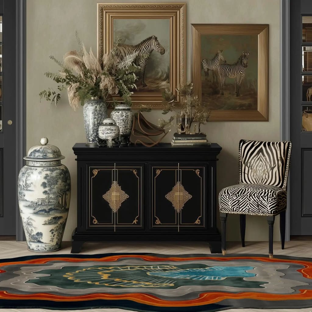 A contemporary area rug in a living room setting, featuring an abstract design with vibrant colors. The rug complements the elegant decor, including a black cabinet, zebra-patterned chair, and framed zebra artwork. Perfect as a wool rug for living room spaces, especially in 8x10 size.