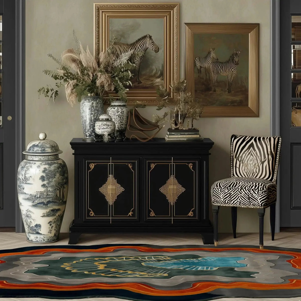 A contemporary area rug in a living room setting, featuring an abstract design with vibrant colors. The rug complements the elegant decor, including a black cabinet, zebra-patterned chair, and framed zebra artwork. Perfect as a wool rug for living room spaces, especially in 8x10 size.