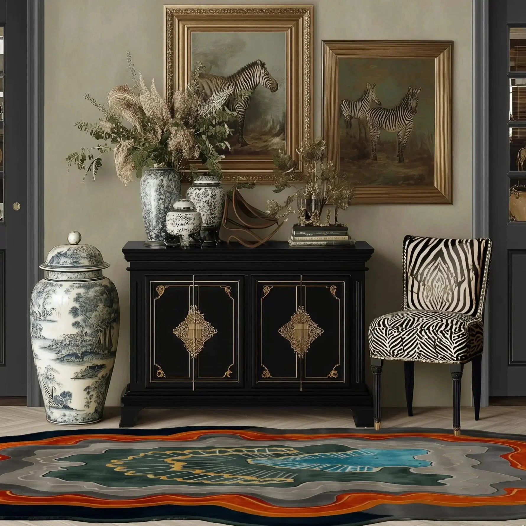 A contemporary area rug in a living room setting, featuring an abstract design with vibrant colors. The rug complements the elegant decor, including a black cabinet, zebra-patterned chair, and framed zebra artwork. Perfect as a wool rug for living room spaces, especially in 8x10 size.