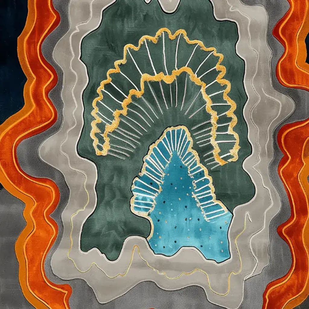 Top view of the Layers of Time Hand Tufted Viscose Rug, showcasing its vibrant abstract design with bold wave patterns in orange, teal, and grey. This contemporary area rug is perfect for adding a touch of modern elegance to any living room, especially in an 8x10 space.