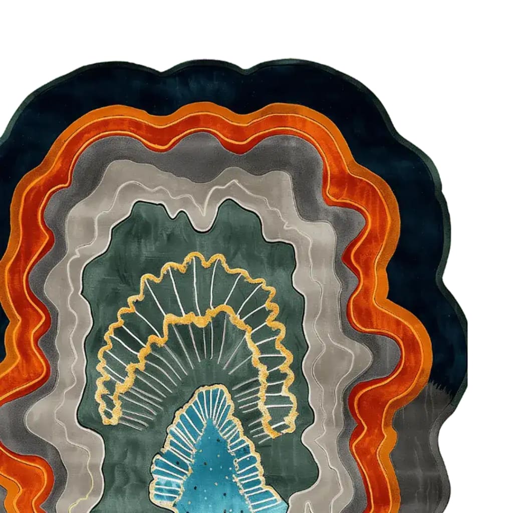 Vibrant and modern 'Layers of Time' hand-tufted area rug, showcasing an abstract design with bold colors and intricate patterns. Perfect as a contemporary rug for living rooms, this wool rug measures 8x10 and adds a striking visual element to any space.