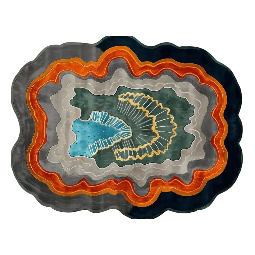 Stylish and modern area rug featuring a vibrant abstract design with layered colors of blue, orange, and gray, perfect for contemporary living rooms. This hand-tufted wool rug adds a unique touch to any space, ideal for an 8x10 living room setting.