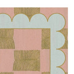 This is a detailed view of the Leaf Checker Scallop Pastel Hand Tufted Rug, showcasing its intricate boho design with pastel colors. The area rug features a scalloped border and leaf motifs, making it a perfect fit for a dining room or living room. Its wool construction adds a touch of elegance ideal for formal dining room settings.