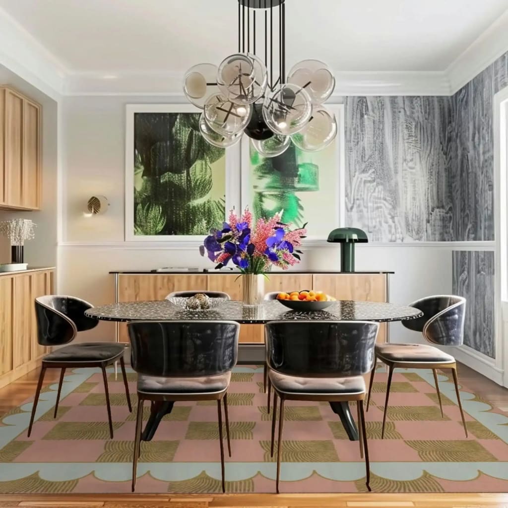A stylish dining room featuring a Leaf Checker Scallop Pastel Hand Tufted Area Rug. The large boho wool rug adds a splash of color and texture, complementing the elegant dining setup with a modern chandelier and a mix of contemporary art on the walls. Perfect for formal dining rooms or as a centerpiece in living and dining room spaces.