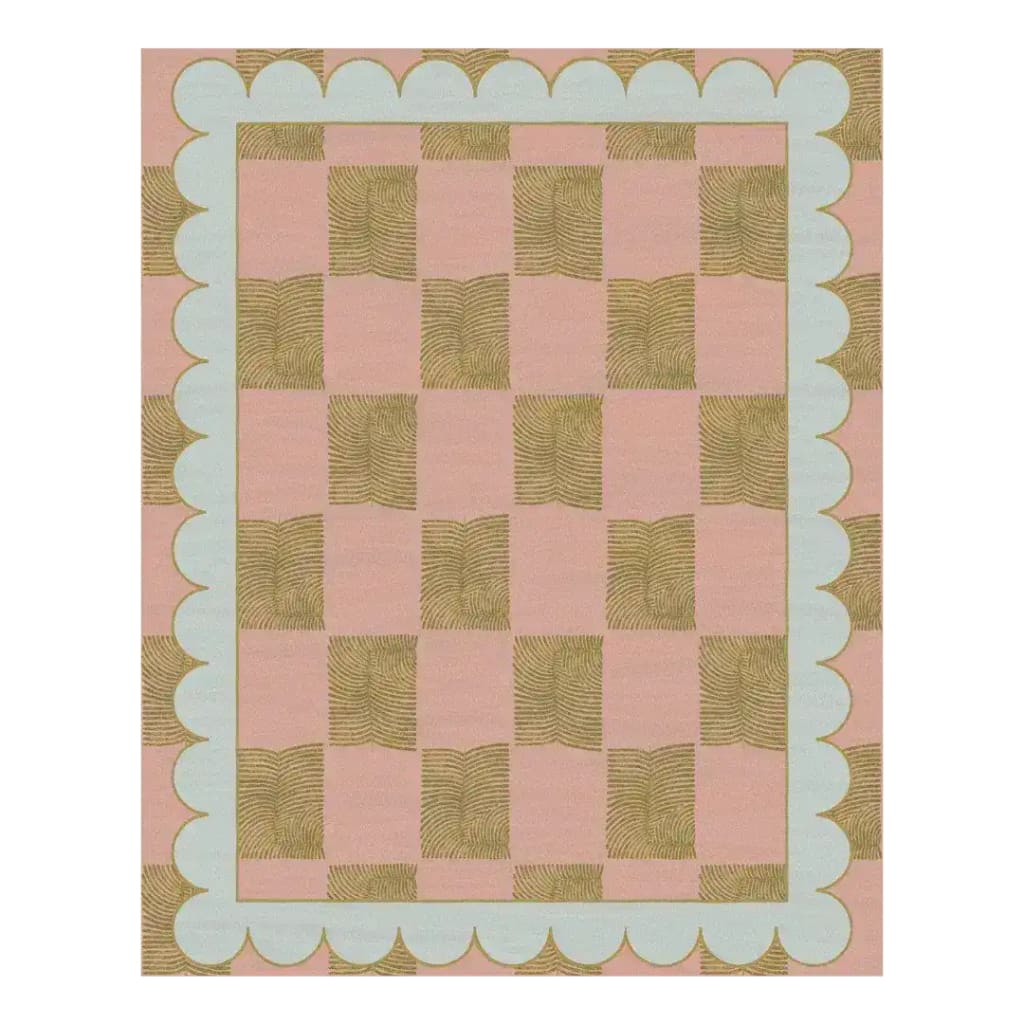 This charming Leaf Checker Scallop Pastel Hand Tufted Area Rug features a playful checkerboard pattern in soft pink and gold hues, ideal for adding a boho touch to your dining room or living space. The wool rug's scalloped edges bring a unique flair to large area rugs, perfect for both formal dining room settings and casual living room and dining room rugs.