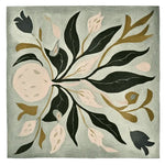 A contemporary square area rug with a hand-tufted floral design featuring abstract leaves and flowers in green, beige, and brown tones. Perfect for adding an artistic touch to large living rooms, this wool rug combines modern style with a natural motif, making it an ideal choice for those seeking unique rugs for living room decor.
