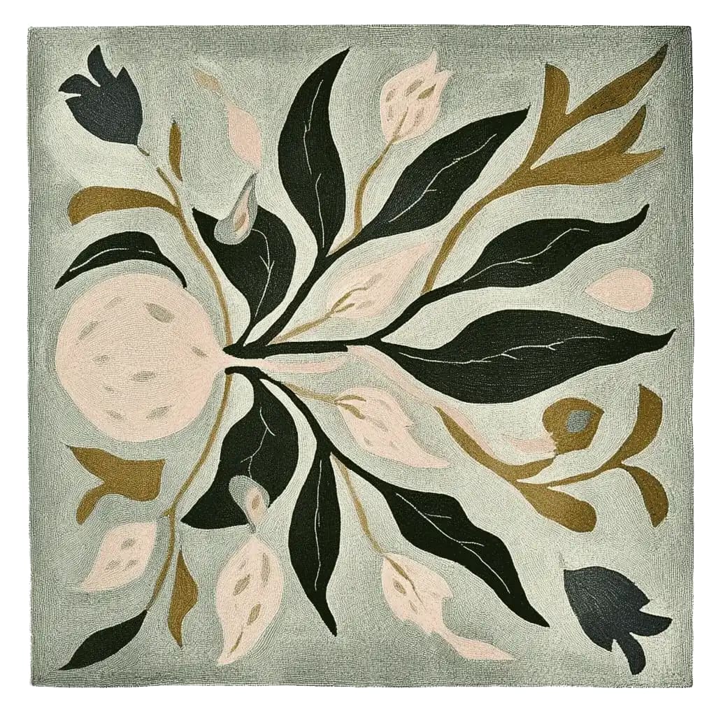 A contemporary square area rug with a hand-tufted floral design featuring abstract leaves and flowers in green, beige, and brown tones. Perfect for adding an artistic touch to large living rooms, this wool rug combines modern style with a natural motif, making it an ideal choice for those seeking unique rugs for living room decor.