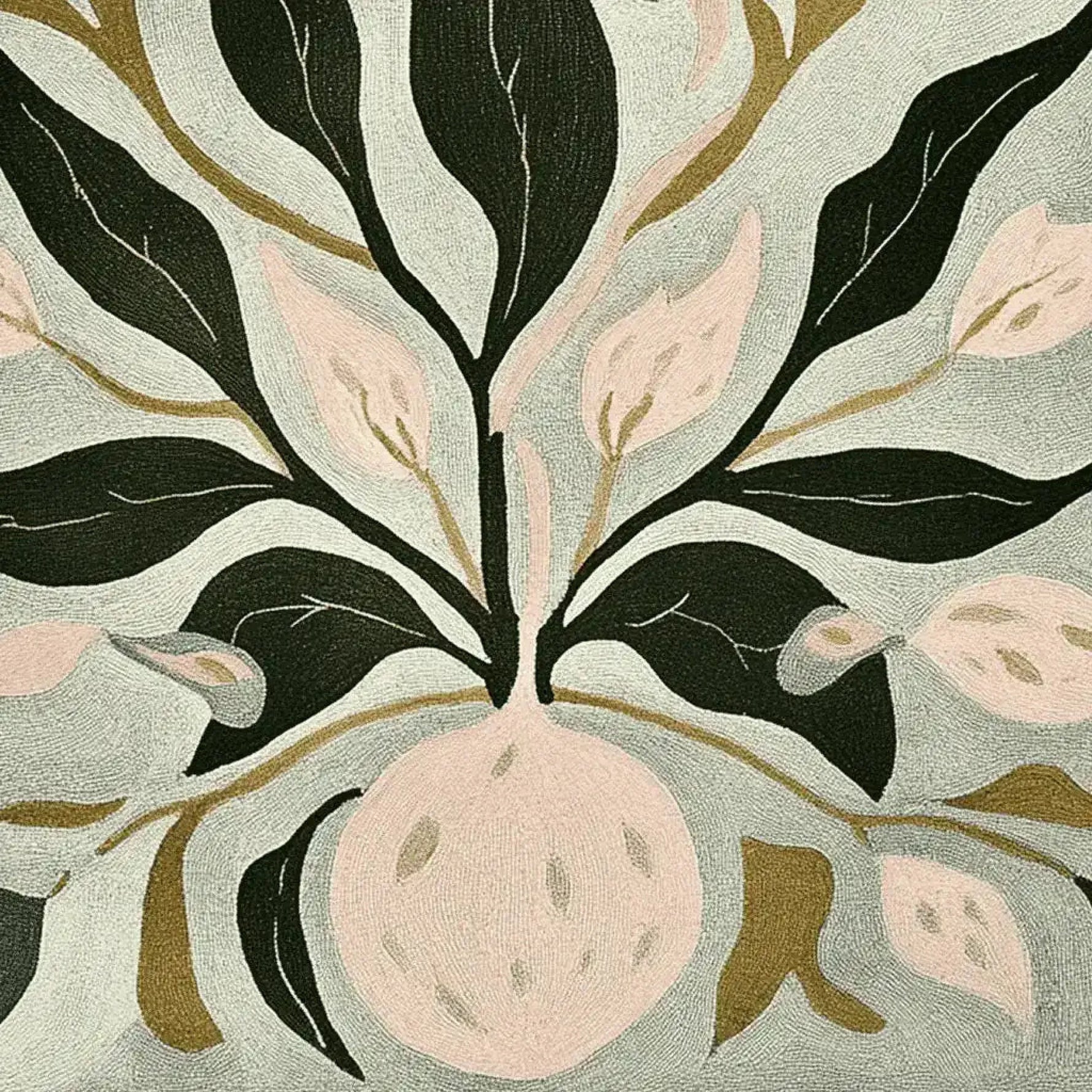 Leafline Art Bloom Hand Tufted Rug displaying an intricate floral pattern with lush green and soft pink leaves, perfect as a square area rug for a contemporary living room. This wool rug offers a modern touch to large living room spaces, making it an elegant choice among rugs for living room decor.