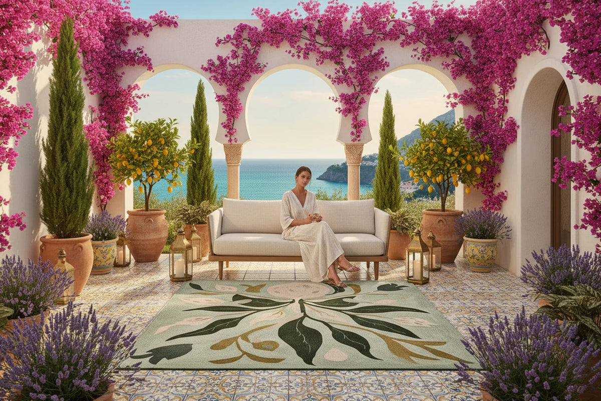 Woman sitting on a couch in a luxurious outdoor setting with an abstract floral wool rug, pink flowers and ocean view.