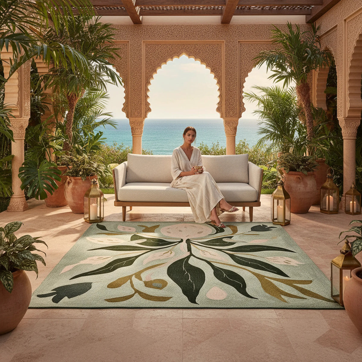 Woman sitting on a couch in a luxurious outdoor setting with ocean view, plants, and a decorative rug.