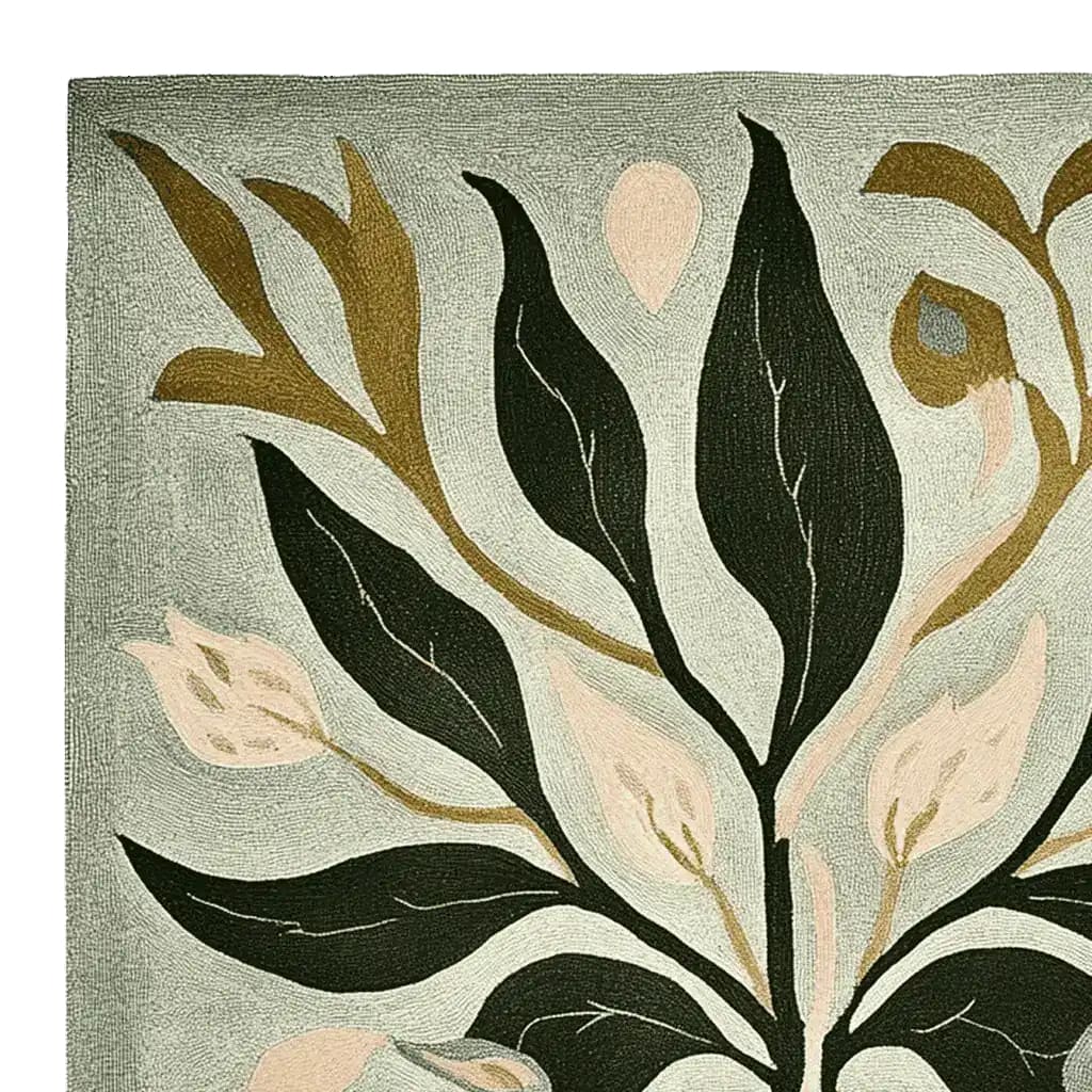 A beautifully designed area rug featuring a contemporary floral pattern in shades of green and beige. This square rug is perfect for adding a touch of elegance to a large living room. Made from high-quality wool, it's an ideal rug for living room spaces seeking a modern and stylish look.