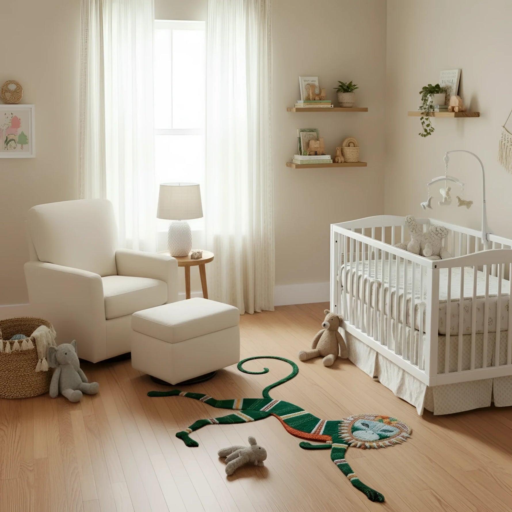 Nursery room with white crib, armchair, monkey rug, and toys on a wooden floor.