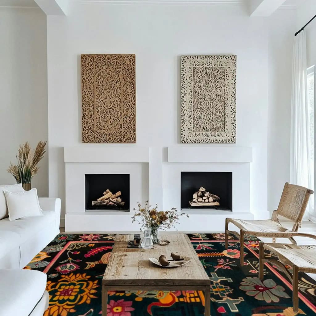 A stunning living room showcases the Legacy Majestic Tapestry Wool Hand Knotted Area Rug, featuring vibrant floral patterns on a dark background. This square area rug perfectly complements the white sofas and wooden coffee table, adding a touch of Persian elegance to the space. Ideal for anyone seeking a luxurious wool rug for their living room.