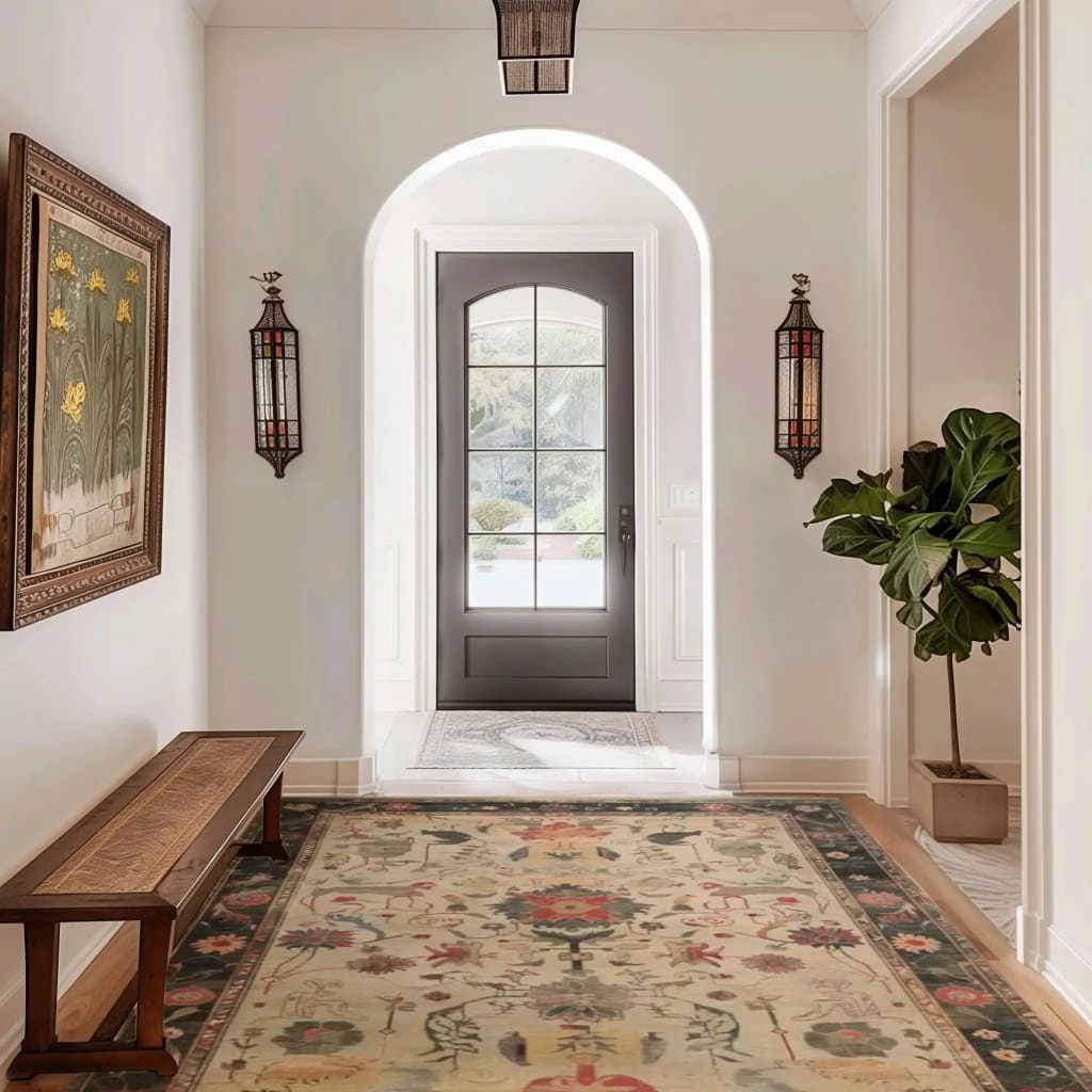 Foyer with a dark wooden door, floral persian hand knotted rug, and decorative elements.
