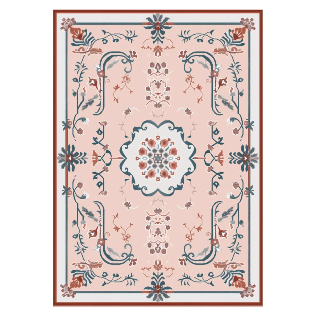 Legacy Trellis Hand Tufted Rug showcasing an intricate vintage design, ideal as an area rug for large living rooms. This wool rug features Persian-inspired patterns in a harmonious blend of soft pink, blue, and brown hues, perfect for adding a touch of elegance to any living room space.