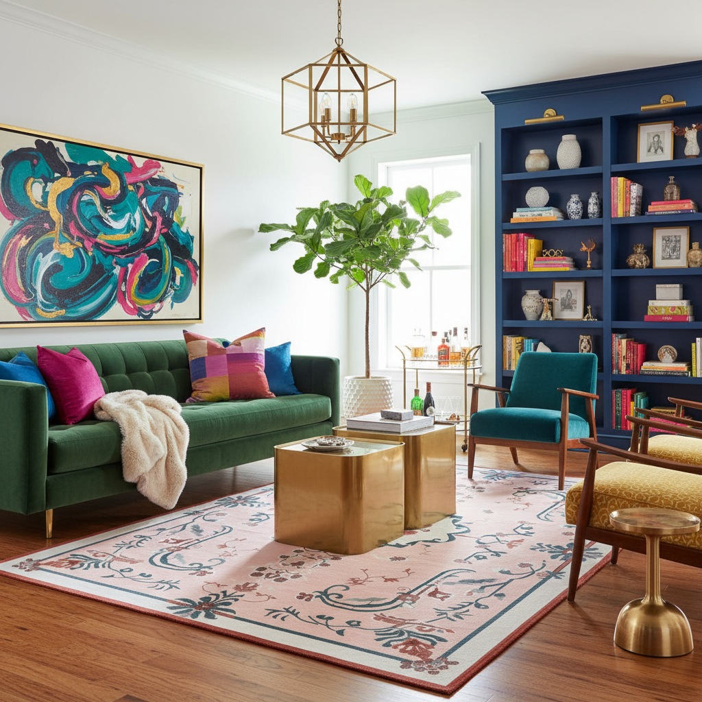Living room with green sofa, colorful rug, and bookshelf
