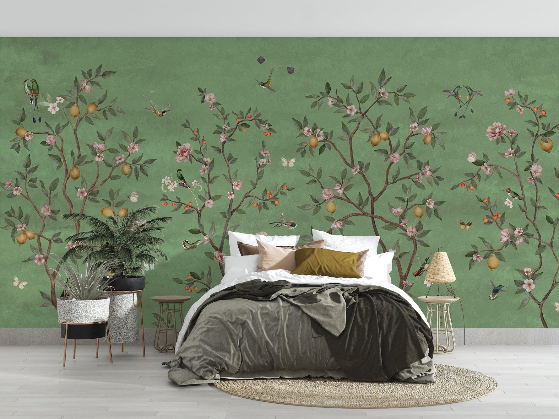 Lemon Tree Chinoiserie - Green Wallpaper Mural