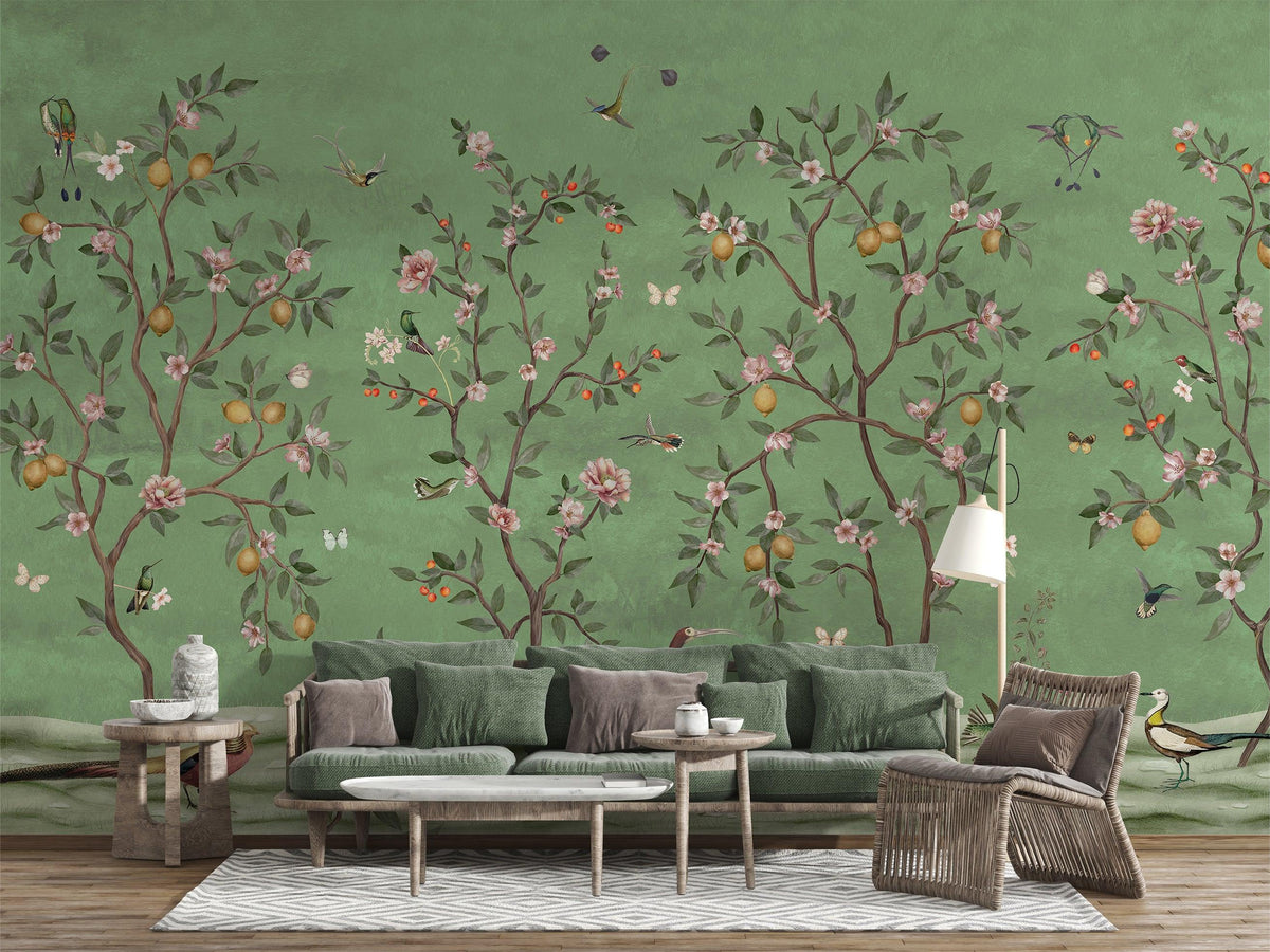 Lemon Tree Chinoiserie - Green Wallpaper Mural