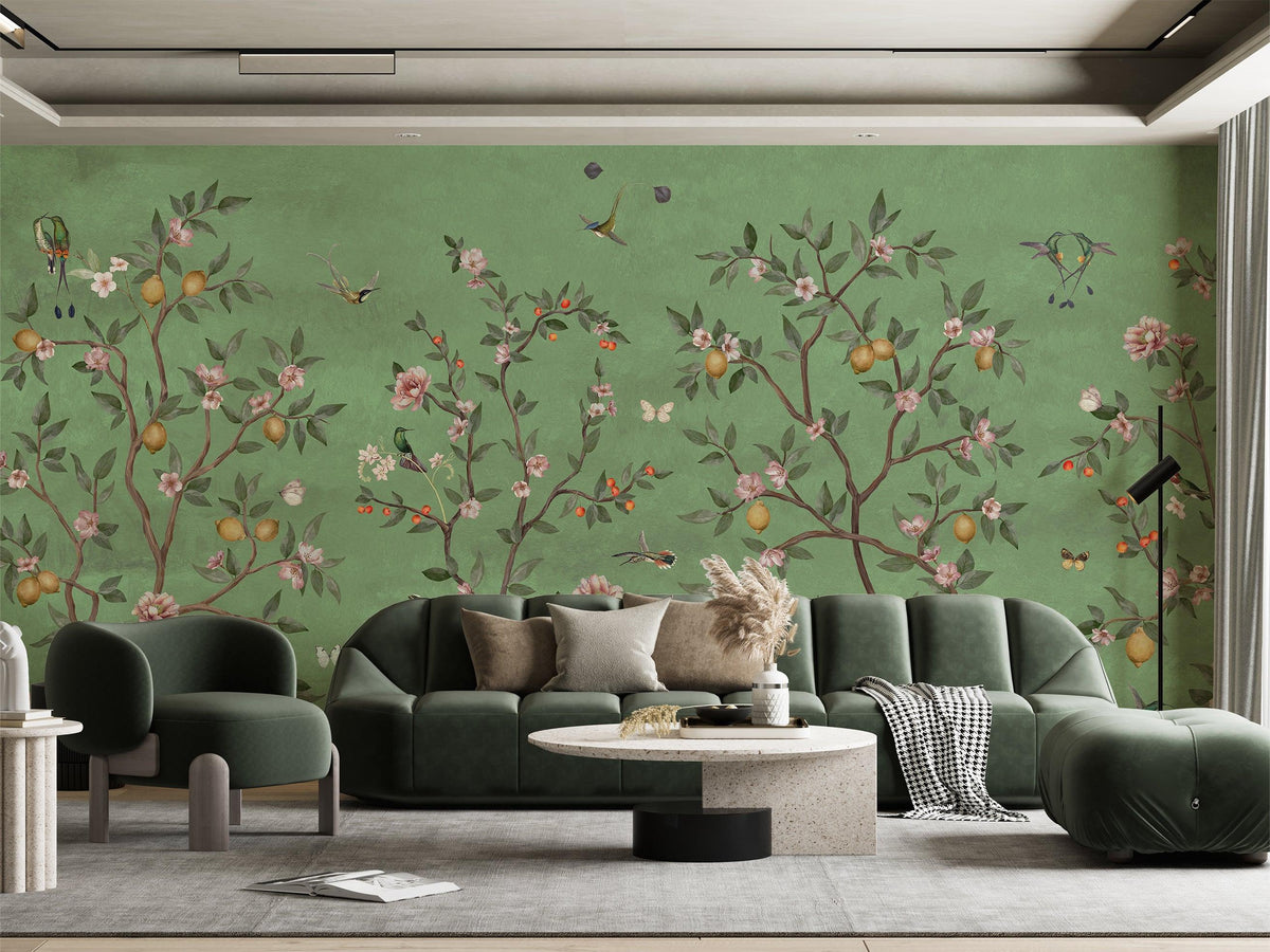 Lemon Tree Chinoiserie - Green Wallpaper Mural