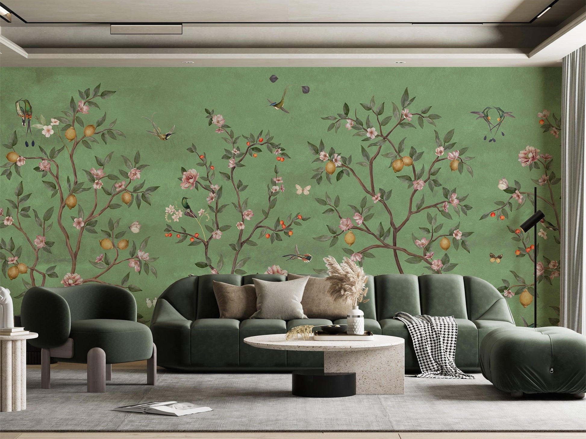 Lemon Tree Chinoiserie - Green Wallpaper Mural - MAIA HOMES