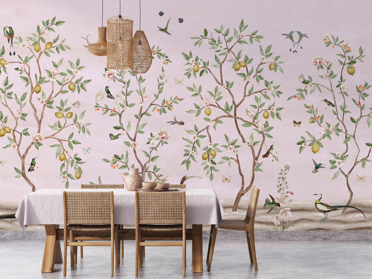 Lemon Tree Chinoiserie - Pink Wallpaper Mural