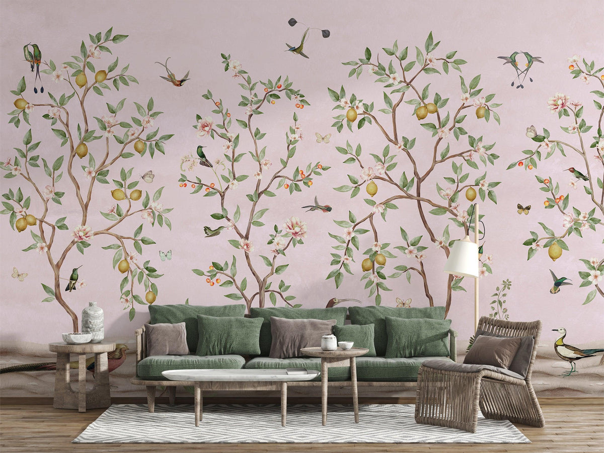 Lemon Tree Chinoiserie - Pink Wallpaper Mural