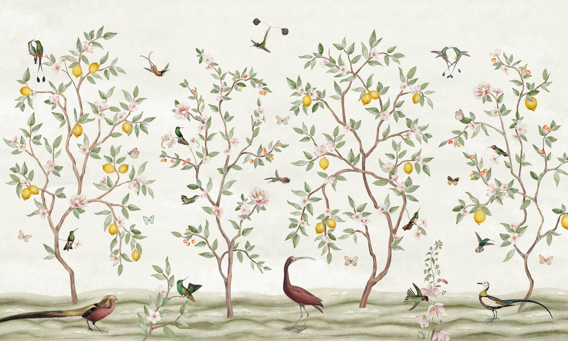 Lemon Tree Chinoiserie - White Wallpaper Mural - MAIA HOMES