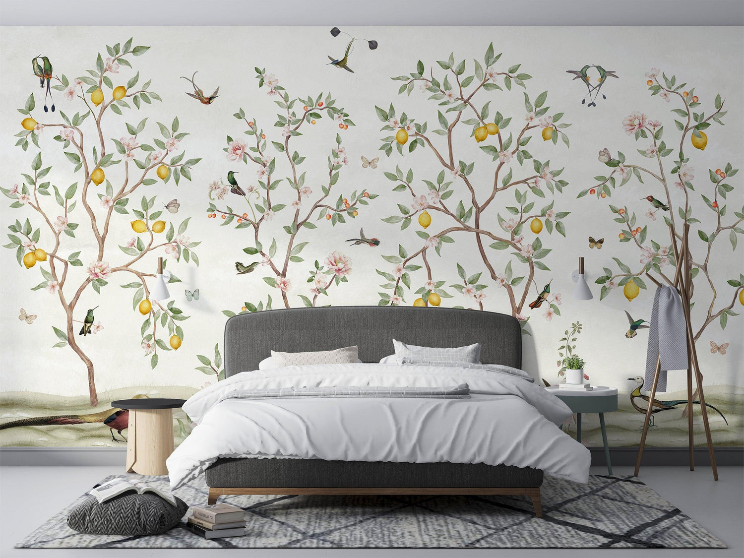 Lemon Tree Chinoiserie - White Wallpaper Mural